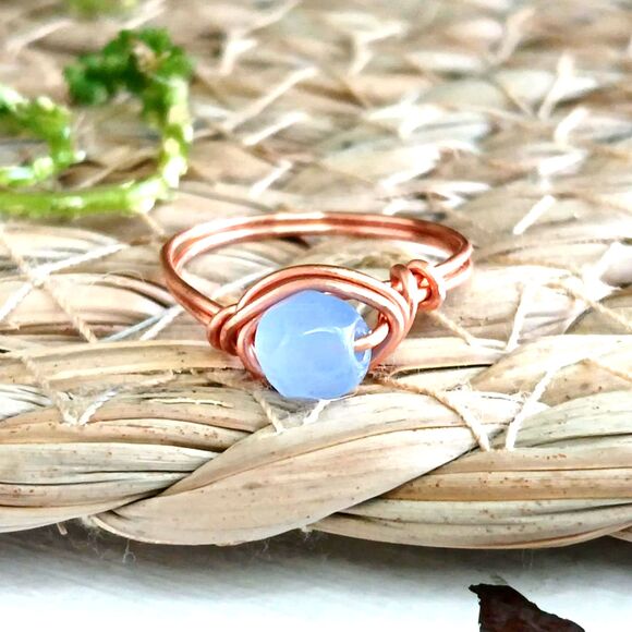 Dainty Cats Eye Beaded Ring, Wire Wrapped Stackable Copper Ring, Size 7 - Picture 1 of 3